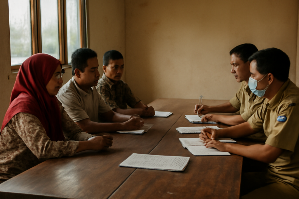 Warga dan pejabat pemerintah daerah berdiskusi dalam pertemuan audiensi di ruang rapat sederhana