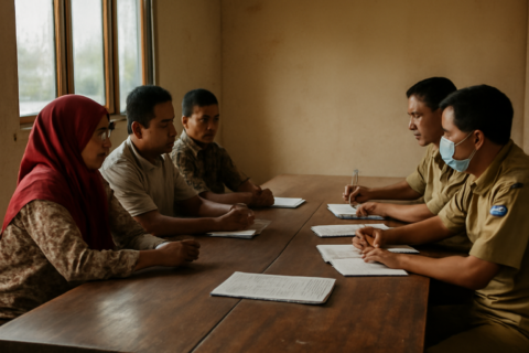 Warga dan pejabat pemerintah daerah berdiskusi dalam pertemuan audiensi di ruang rapat sederhana