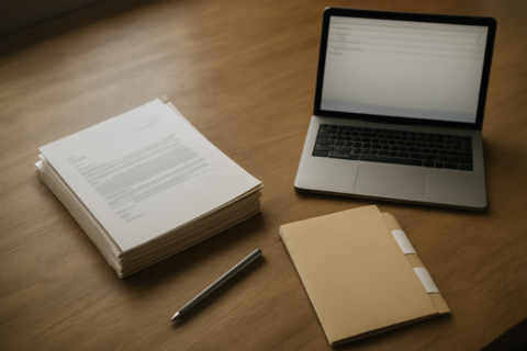 Meja kerja dengan tumpukan surat resmi dan laptop untuk mengajukan pertanyaan ke pemerintah