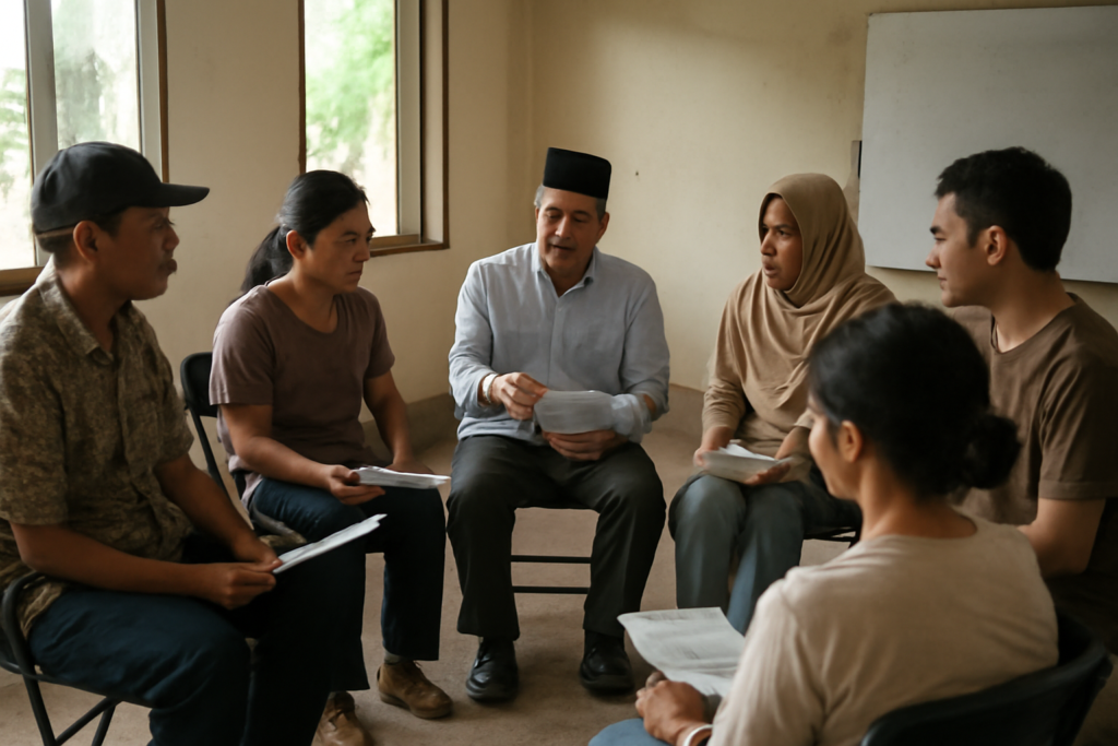 Warga duduk melingkar dalam pertemuan komunitas di balai warga untuk membahas isu publik